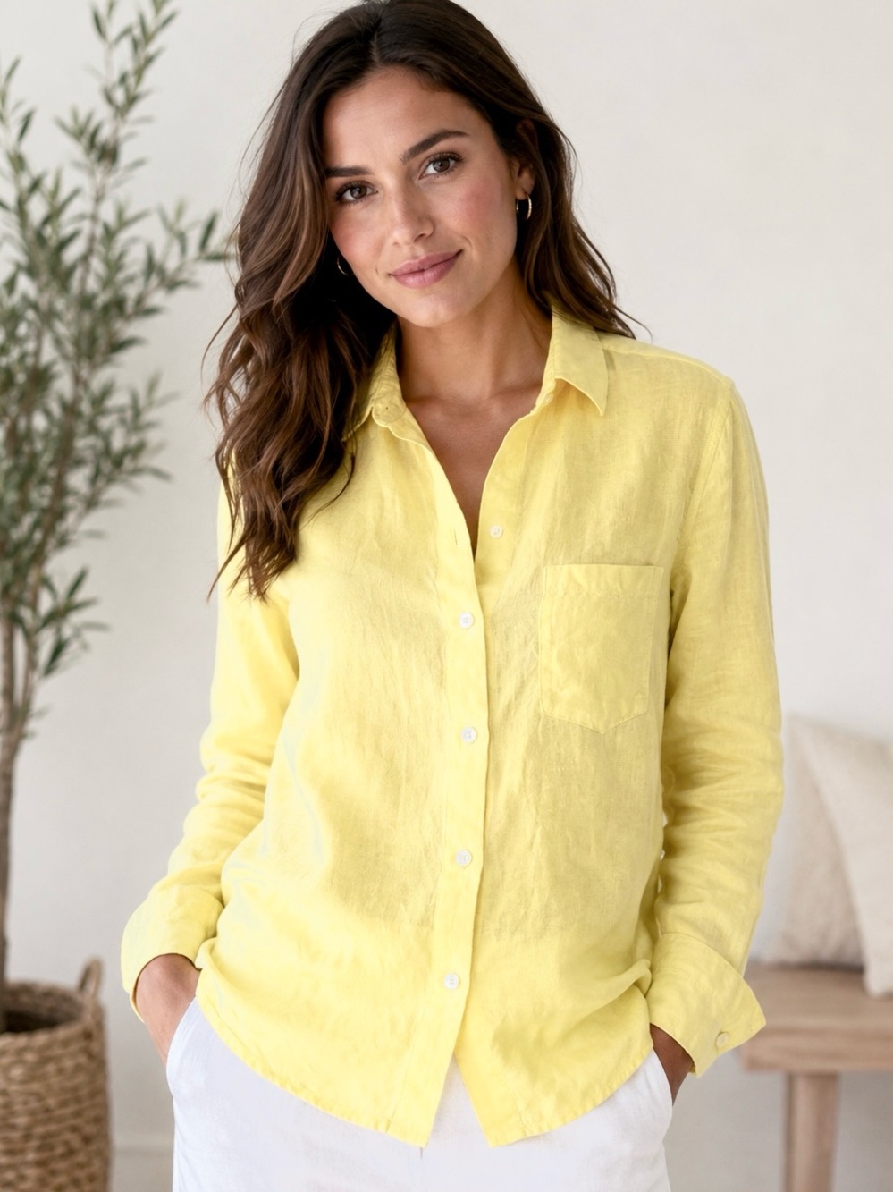 Anthropologie Cloth & Stone 100% Linen Button Down Shirt Yellow Small EC